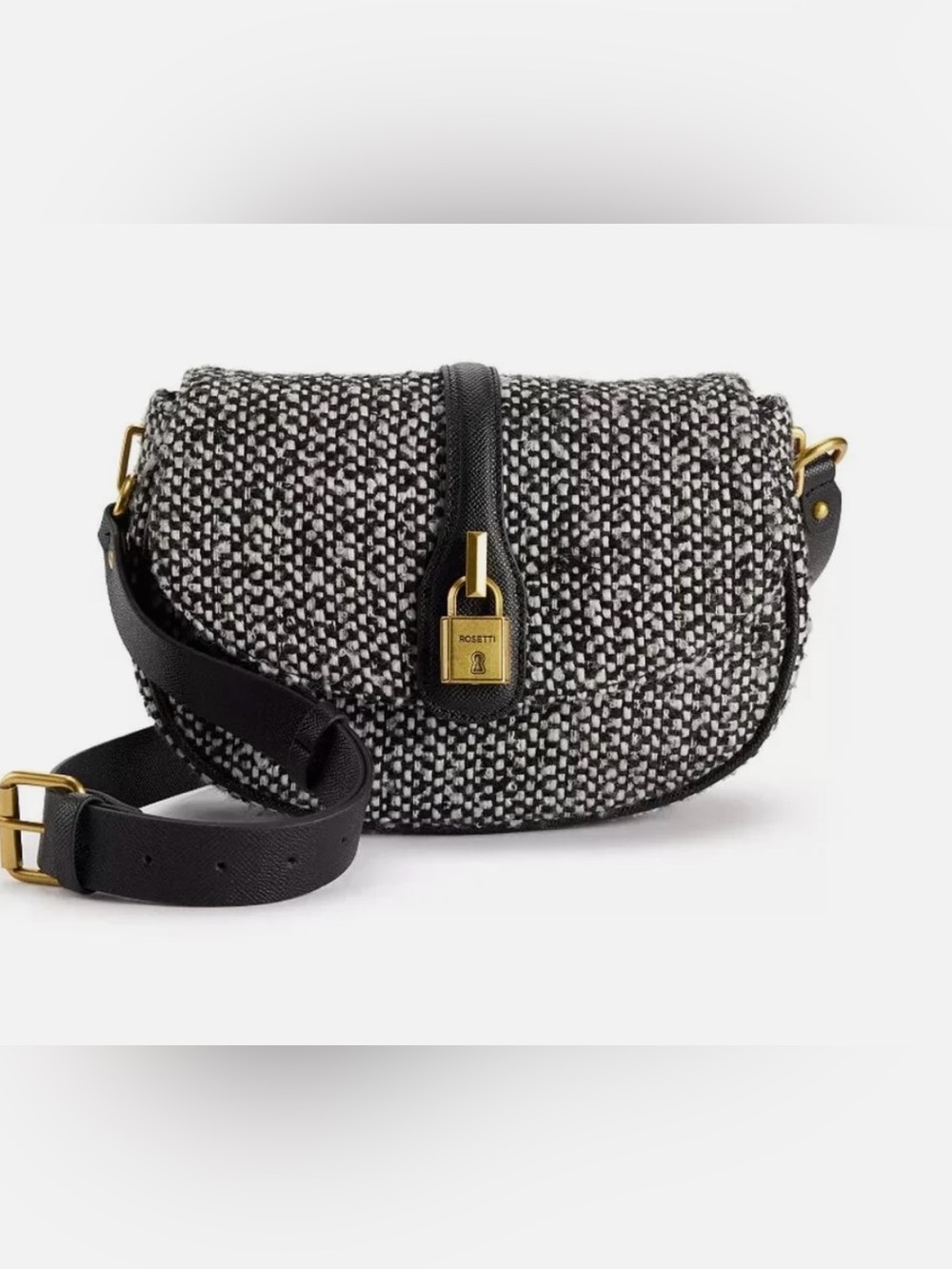 Rosetti Black & White Tweed Saddle Crossbody with Gold Lock